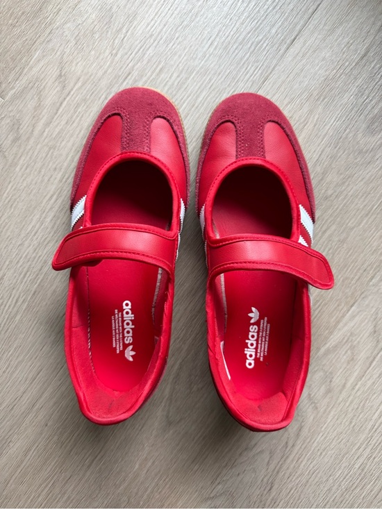 adidas Shoes - adidas Red Mary Jane Sneakers with White Stripes